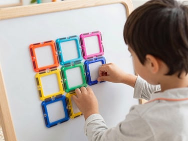Over-the-shoulder view of a 7-year-old child in pajamas placing a colorful magnetic tile on a routine board, warm natural light.