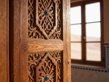 Close-up of intricate hand-carved cedarwood details inside a restored Marrakech palace, soft morning window light