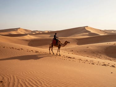 A single traveler riding a camel across sweeping sand dunes at golden hour, long shadows, soft warm lighting