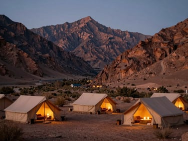 A luxury mountain camp nestled in a rugged Atlas valley at dusk, warm candlelight glowing from within canvas tents, towering peaks behind, soft twilight, 35mm