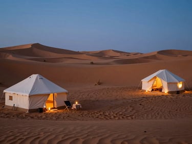 Warm candlelight illuminating a private luxury desert camp setup amidst the dunes of Erg Chebbi, twilight sky