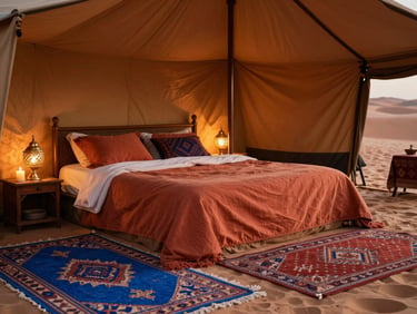 Inside a luxury desert tent, warm candlelight, plush king bed with terracotta linens, detailed brass lamps, hand-woven carpets