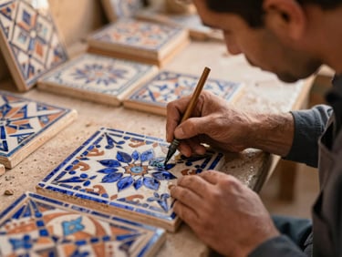 An artisan carefully painting traditional zellij clay tiles in a quiet Fes workshop, soft side lighting