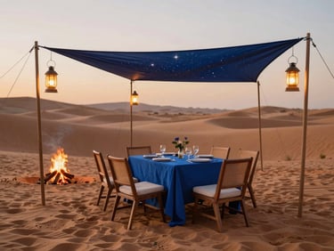 A private dining table set in the desert sand under a canopy of stars, warm lanterns, glowing campfire nearby