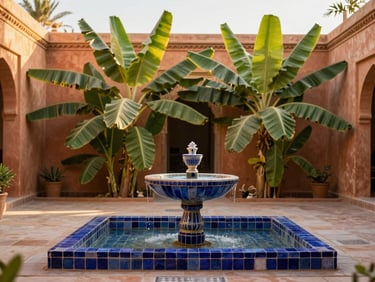 A quiet sun-drenched riad courtyard with a central tiled fountain and lush green banana plants, golden-hour light