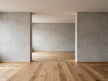 Minimalist apartment interior with warm oak floors and concrete walls, soft natural light, 35mm lens