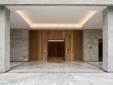 Elegant building entrance hall with marble floors and clean geometric lines, soft zenithal lighting, 35mm lens