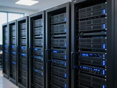Network server racks with glowing blue lights, clean and organized, professional corporate photography, cool natural office light