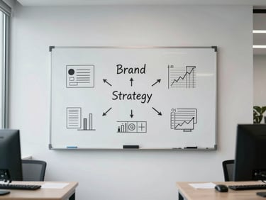 A minimalist office space with a whiteboard showing brand strategy concepts and design elements, cool natural light, professional.
