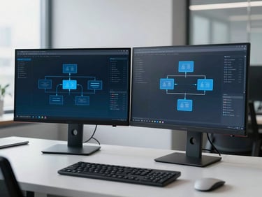 Clean workspace with dual monitors displaying network architecture diagrams, subtle blue backlighting, professional technology environment, sharp focus