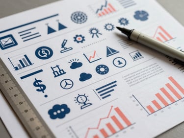 Close-up flat-lay overhead of a dense infographic poster printed on matte paper, data icons and bar charts visible in navy and coral ink, ruler and fine-tip marker resting beside it, high-key neutral studio light