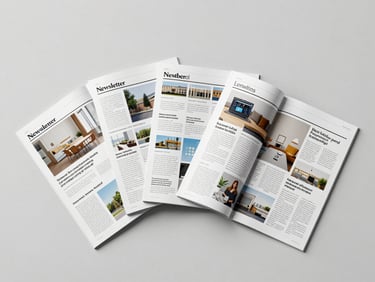 Overhead flat-lay of three branded newsletter issues fanned open on a light grey surface, each showing a different data-rich interior spread, high-key studio lighting, clean geometric layouts visible