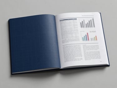 Flat-lay overhead of a thick bound research report cover and first interior spread, navy cover with geometric grid pattern, white pages fanned open showing a full-bleed chart, neutral daylight from above