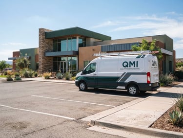 A crisp environmental photograph of a branded QMI fleet vehicle parked outside a modern Albuquerque office building, bright natural New Mexico daylight, clean architectural lines, deep forest green and slate accents, 35mm lens.