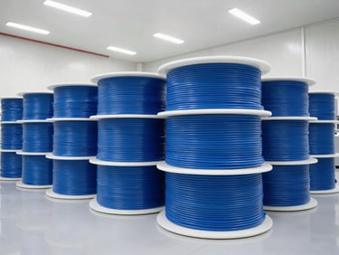 Spools of blue fiber optic cable stacked in a massive clean-room warehouse, bright daylight, sharp architectural focus.