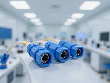 Macro close-up of custom fiber optic terminations with blue connectors, clean-room assembly line background, high-key lighting.