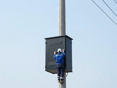 A technician installing a rugged black fiber splice closure on an outdoor utility pole, crisp daylight, cool blue tones.