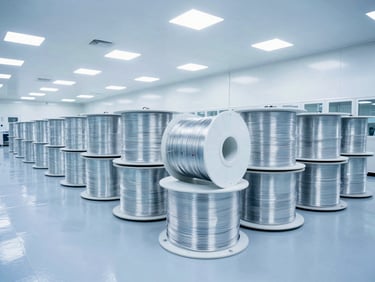 Wide-angle shot of a massive clean-room warehouse with rows of heavy-duty fiber optic cable spools stacked under bright high-key lighting.