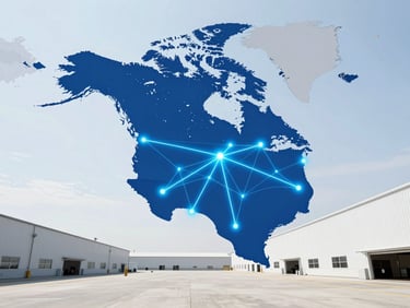 A clean stylized vector map of North America highlighting warehousing hubs in Texas, California, and Ohio, with glowing blue network lines connecting them, high-trust corporate style.