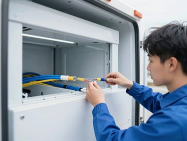 Close-up of a technician splicing optical fiber cables inside a bright, clean-room utility truck, daylight, sharp focus.