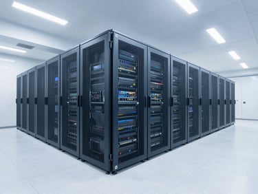 Wide-angle architectural shot of a massive modern data center corridor with cool blue and clean white tones, sharp focus.