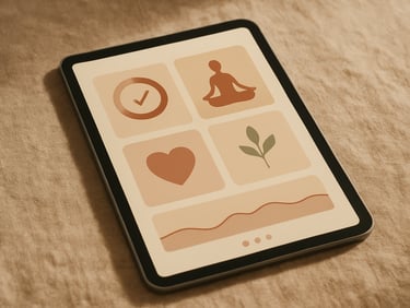Clean digital UI mockup of a mobile wellness app on a physical tablet, resting on a textured linen surface, soft shadow, warm editorial lighting, shallow depth of field.