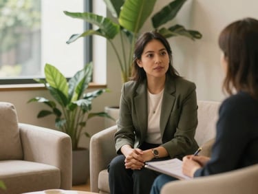 A warm, professional consultation room in Monterrey with soft green plants, comfortable beige armchairs, and gentle daylight filtering through a window.