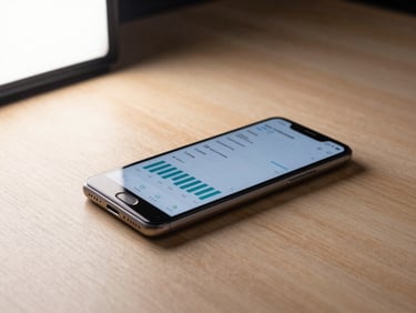 Android device lying on a light wooden desk, a data tracking app open on screen showing charts, soft studio light from the left, full device shot