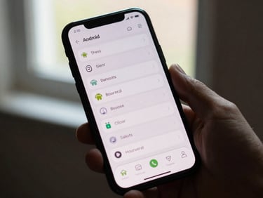Android phone held in a hand under soft window light, a clean utility app interface visible on the screen, minimal UI elements, natural daylight, close-up framing