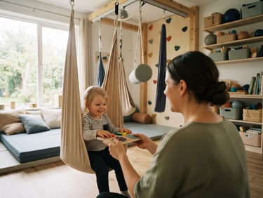 Over-the-shoulder view of a quiet, organized therapy room with specialized sensory integration equipment, soft natural light, warm editorial photography