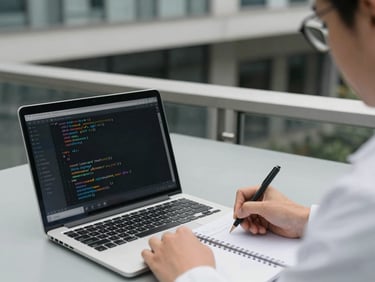 Hands of a researcher writing notes next to a laptop showing smart contract code, desaturated academic tones, 35mm