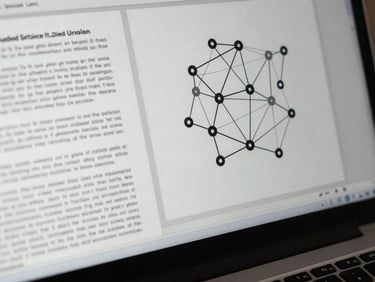 A close-up of a computer screen displaying neural network nodes alongside a printed legal document, cool natural daylight, desaturated tones
