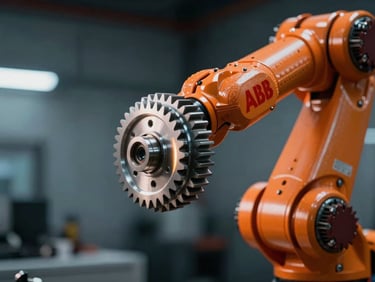 Macro shot of a safety-orange ABB robotic arm joint, dramatic rim lighting on metallic gears, cool industrial dark background, sharp focus, 35mm lens