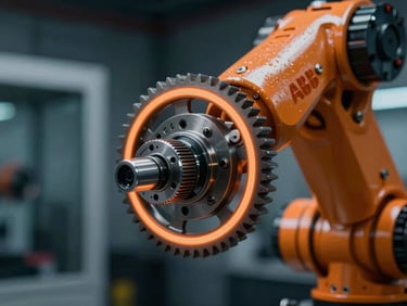 Extreme close-up of an ABB robotic joint, dramatic orange rim lighting on metallic gears, cool dark industrial background, 35mm lens, sharp focus