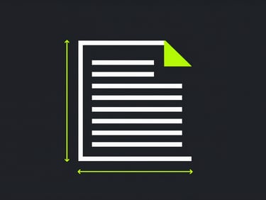 Crisp technical vector illustration of a structured PDF document layout with dimension lines, neon green accents, dark background.