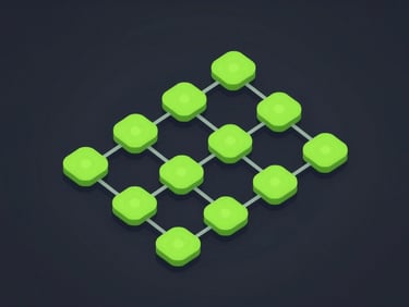 Crisp technical vector schematic of a parallel data stream pipeline, neon green nodes on a deep charcoal background, isometric view
