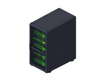 Isometric architectural diagram of a secure isolated server container, clean geometric lines, subtle neon green glow, high-contrast rendering