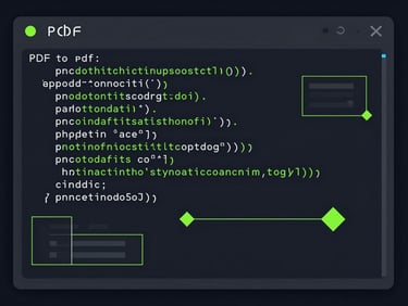 Crisp technical vector illustration of a dark mode terminal interface showing command line text-to-PDF execution, neon green accents, clean geometric schematics.