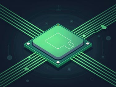 Crisp technical vector illustration of a high-speed CPU core processing neon green data streams, dark mode interface, clean geometric schematics.