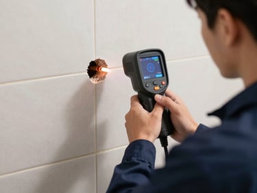 Close-up of a technician in a navy blue uniform using a thermal imaging camera to locate a hot water pipe leak behind a tiled villa wall, crisp lighting, technical diagnostic screen visible.