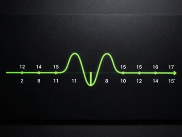 Wide shot of a full cycle visualization diagram rendered on a near-black surface, a neon green curve tracing cycle depth across 15 match intervals, breakpoint highlighted with a vertical accent marker, lag counter annotations in monospace type alongside the curve, studio precision high contrast lighting, overhead analytical framing, no human figures