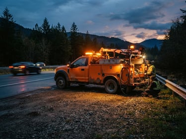 Wide environmental shot of a rugged orange mobile service truck parked on a gravel highway shoulder at dusk, emergency strobe lights casting a warm glow, sharp focus, 35mm