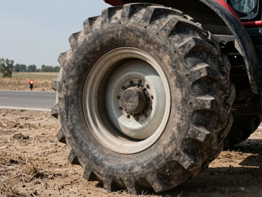 Gritty documentary shot of a massive tractor tire being repaired in a dusty rural field, high-contrast daylight, sharp focus, 35mm