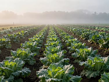 Wide-angle view of a quiet, misty organic vegetable farm at sunrise, dew on rows of leafy greens, soft low-contrast natural daylight.