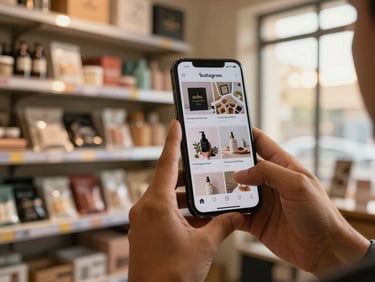 Close-up of hands holding a smartphone showing an Instagram feed with product posts for a small Indian retail brand, golden hour light from a window, a packed shop shelf visible behind