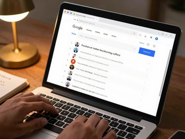 Close-up overhead of a laptop screen showing a Google search results page with a local Indian business ranking at the top, hands resting on the keyboard, warm desk lamp light, notepad with keyword notes visible at edge