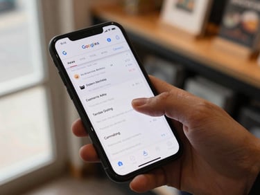 Overhead shot of a phone showing a Google Ads dashboard with campaign metrics, a finger scrolling through results, warm natural window light, blurred shop counter in background