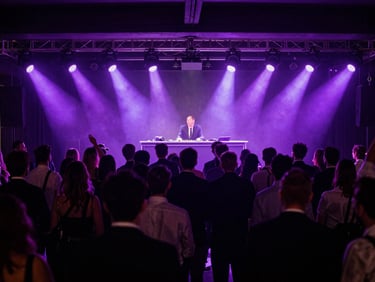 Corporate gala with a packed dance floor, professional DJ booth, electric violet lighting, dynamic wide-angle shot.