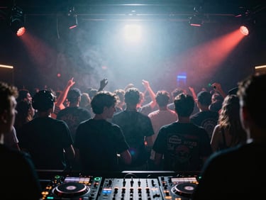 Nightclub crowd in motion, DJ decks in foreground, dramatic stage lighting, neon haze, lens flare.