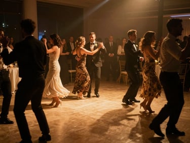 Elegant wedding reception dance floor, guests dancing energetically, subtle neon amber lighting, motion blur.